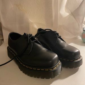 Dr. Martens Black Leather Platform Derby Shoes with Yellow Stitching